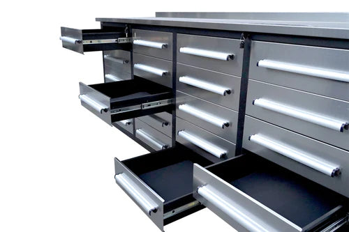 NEW! 7' Stainless Steel Garage Storage Cabinets with Workbench (20 Drawers)