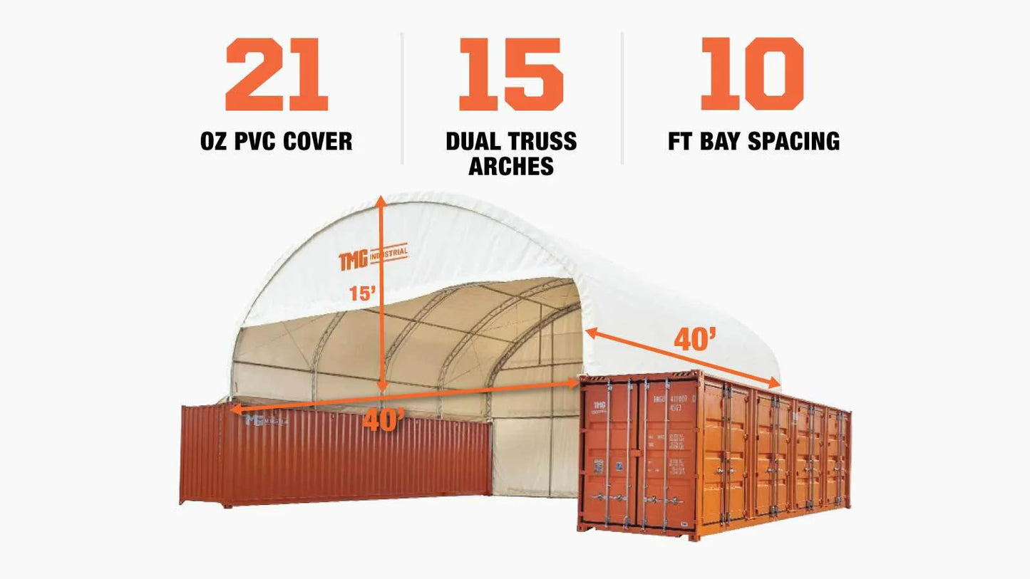 40' x 40' Dual Truss Container Shelter with Enclosed End Wall &amp; Front Drop